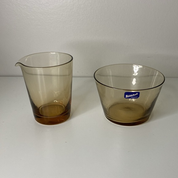 Vintage Bjorkshult Sweden Creamer and Sugar Bowl Set Amber Glass - Picture 2 of 7